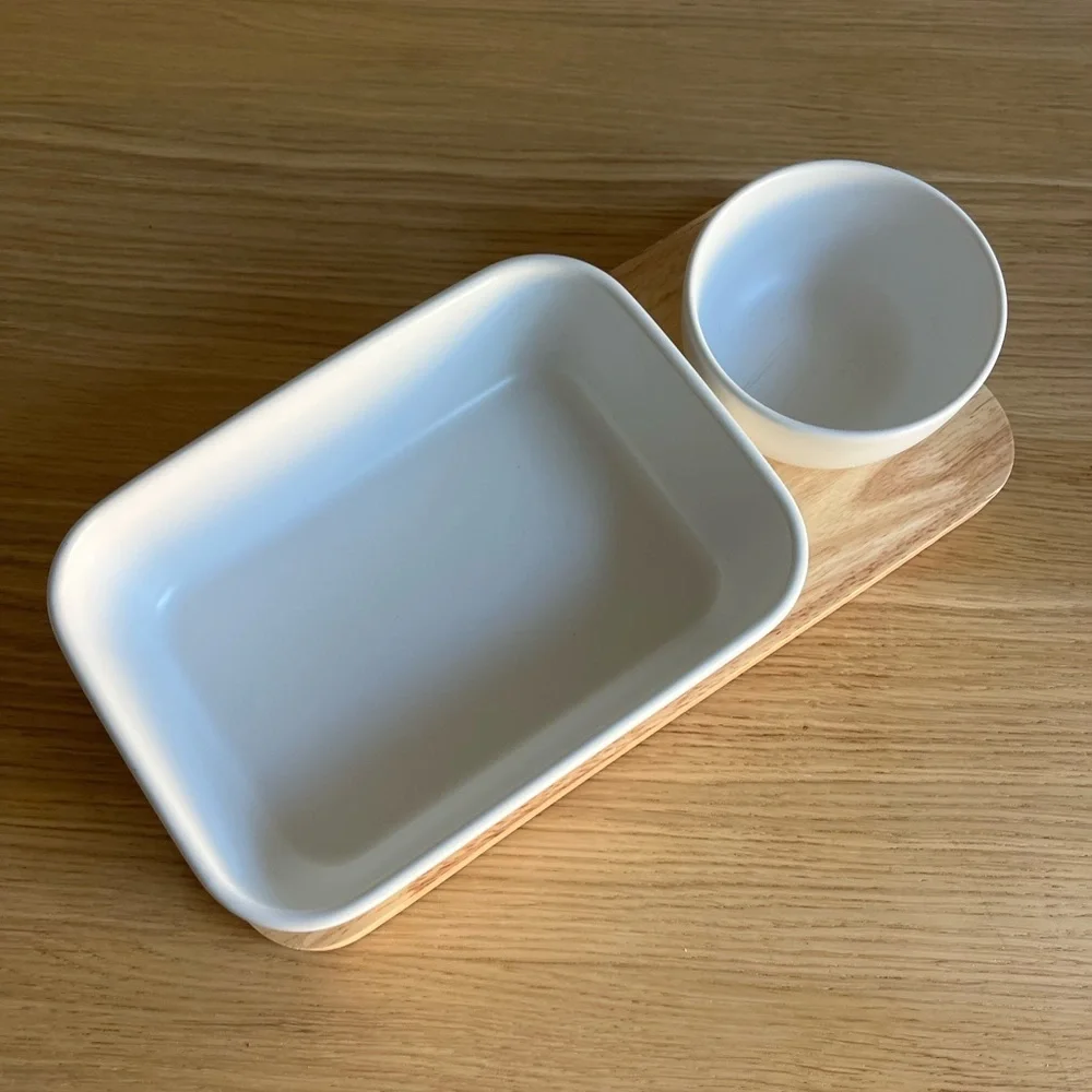 Aldi Crofton Chip and Dip Serving Set - 3-Piece Stoneware and Wood - 12x7”